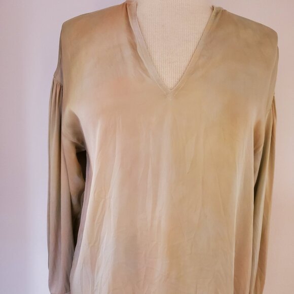Vince painted crepe chiffon silk long sleeve ruched back blouse small medium XS - Picture 1 of 5